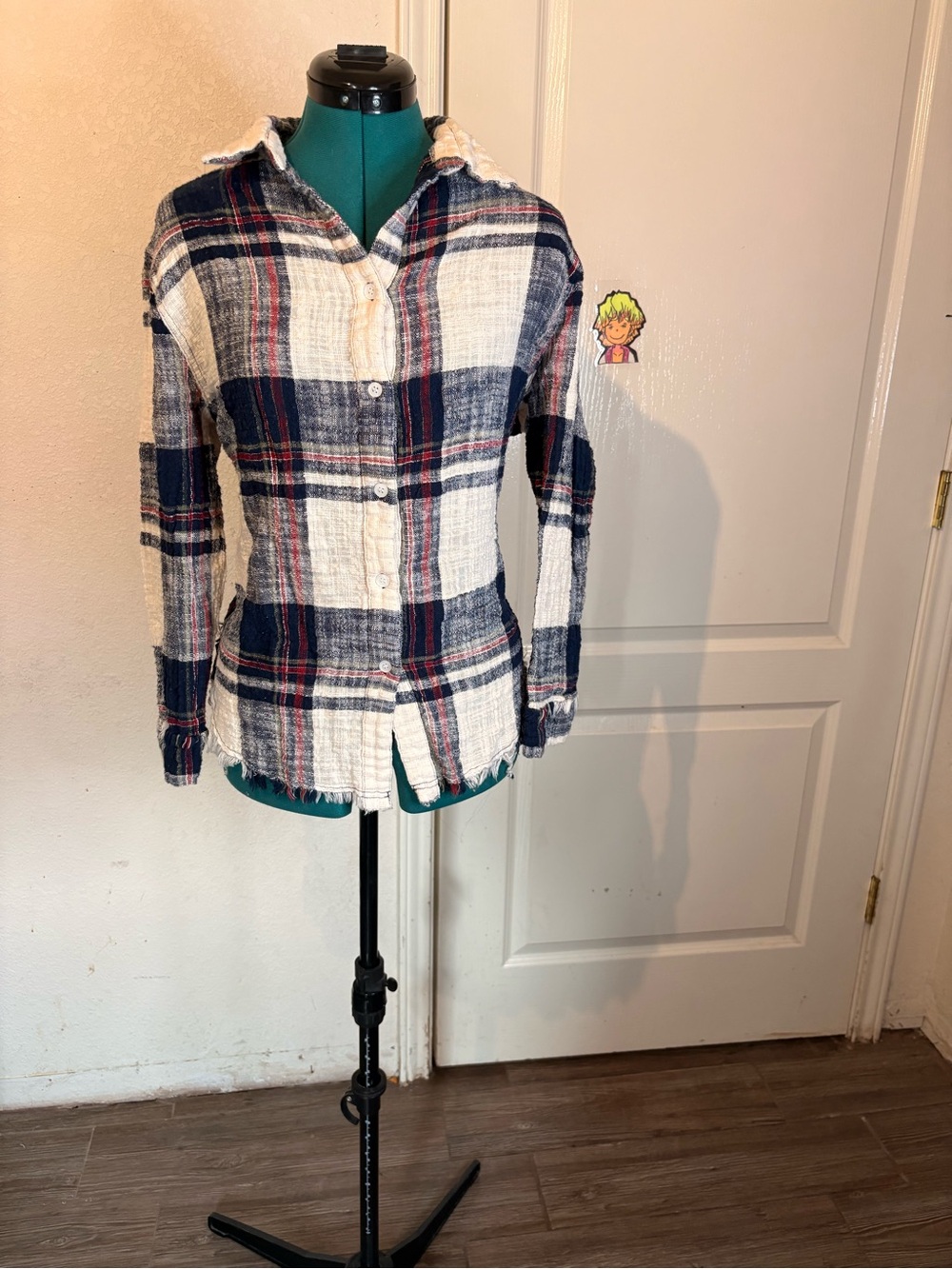 LA MIEL Navy, White & Red Plaid Button-Front Shirt Jacket